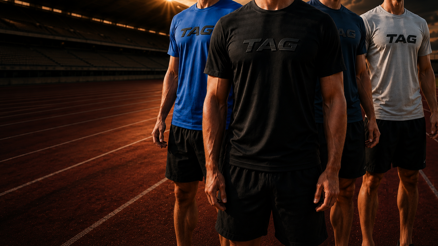 Four AXION performance shirts on a running track, framed below the models' faces